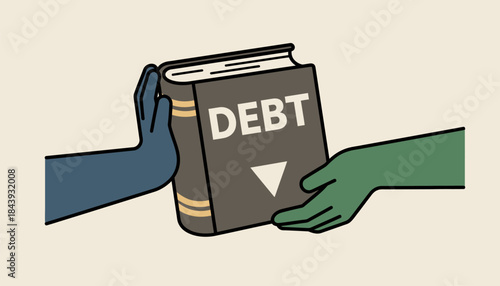 An illustration of two hands exchanging a large heavy book labeled Debt representing the weight of student loans passed from one generation to another.