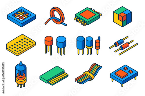 Retro Tech Isometric Icons. Isometric vector illustration set Analog Memory: lattice core rope, ferrite magnetic ring, retro