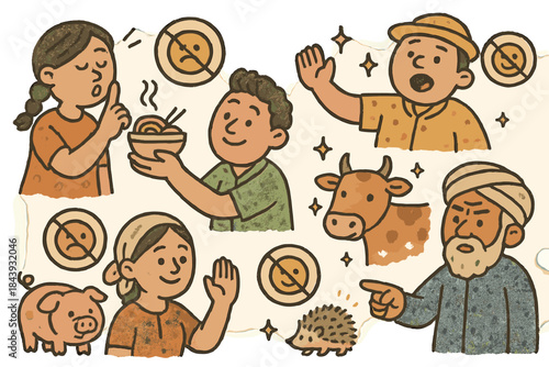 Cheerful Cultural Taboos. Cute doodle cultural taboos illustration with cheerful villagers, cartoon animals with faces, smiling