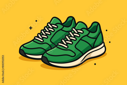 Playful Green Sneakers. Playful green sneakers placed vector illustration on a vibrant yellow background, bold and modern
