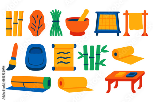 Ancient Papermaking Icons. Flat vector icons of ancient Chinese papermaking: bamboo strips, mulberry bark, hemp fibers, mortar and