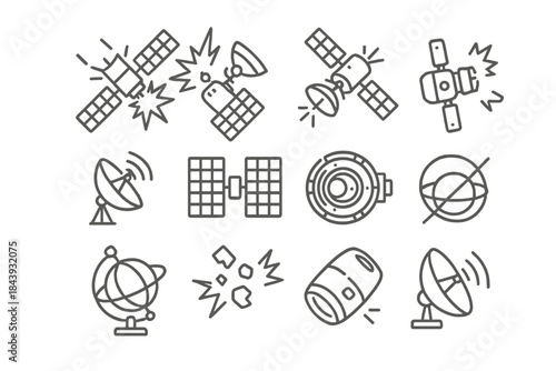 Satellite Collision Icons. Line style icons of satellite collisions: communication satellite, research probe, weather satellite,