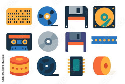 Data Storage Icons. Flat vector icons of Data Storage History: punch card, tape reel, floppy disk, hard drive platter, cassette
