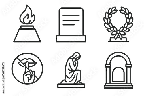 Memorial Design Icons. Line style icons of Commemoration and Memorial Design: eternal flame, name engraving slab, wreath on stone,