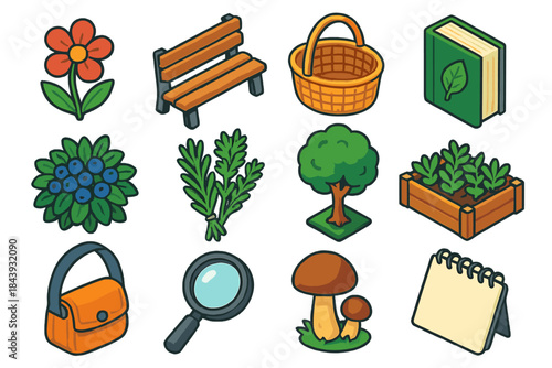 Urban Foraging Icons. Isometric vector illustration set Urban Foraging: edible flower, city park bench, carrying basket, field