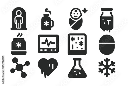 Cryogenic Preservation Icons. Solid style icons of Cryogenic Preservation: Cryo-chamber, Liquid Nitrogen, Future Hope,