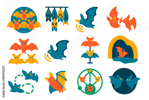 Bat Social Icons. Flat vector icons of bat social structures: bat colony, roosting cluster, echolocation pulse, wing touch,