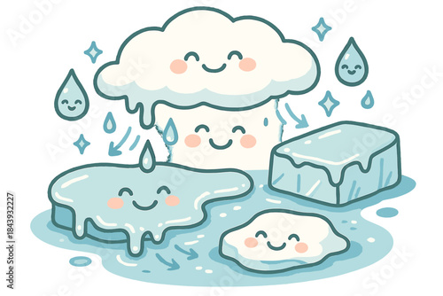 Cheerful Seasonal Melt. Friendly doodle seasonal melt illustration with happy snow layers, cartoon water droplets flowing,