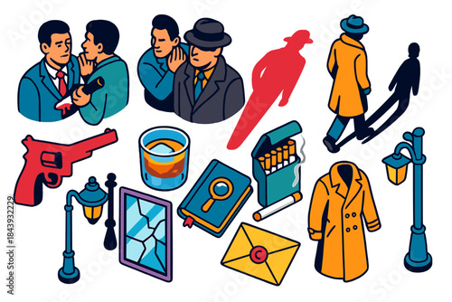 Noir Betrayal Icons. Isometric vector illustration set Noir Betrayal: symbolic backstab, elongated shadow figure, whisper in ear,
