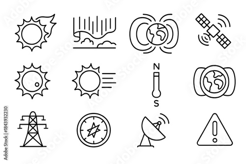 Space Weather Icons. Line style icons of Space Weather: Solar Flare, Aurora, Geomagnetic Storm, Satellite Disruption; Sunspot,