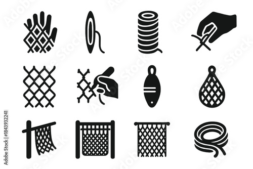 Net Making Icons. Solid style icons of net making: weaving net, shuttle tool, rolled twine, hand-knotting, mesh pattern, net