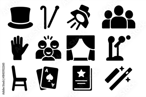 Hypnosis Show Icons. Solid style icons of Stage hypnosis: top hat, cane, spotlight, audience silhouette, raised hand, laughing