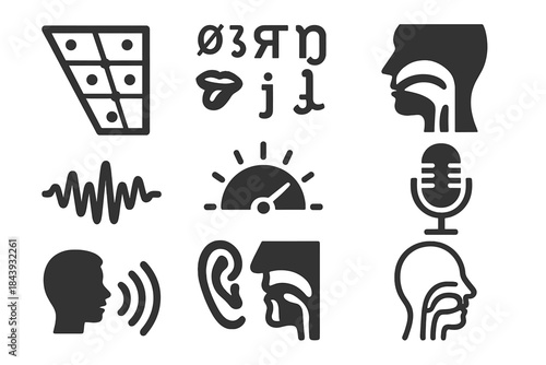 Phonetics Study Icons. Solid style icons of Phonetic study: vowel chart, consonant symbols, tongue diagram, lips outline, sound
