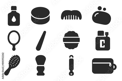 Classic Grooming Icons. Solid style icons of Classic Grooming: Hair Tonic, Pomade Tin, Mustache Comb, Soap Bar, Hand Mirror, Nail