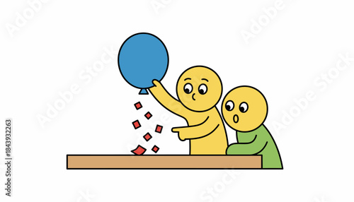 A small group conducting an experiment on static electricity watching as a balloon attracts small paper bits across a table.