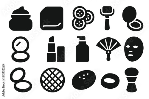 Retro Skincare Icons. Solid style icons of Retro Skincare: Cold Cream Jar, Face Cloth, Cucumber Slices, Massage Roller, Compact