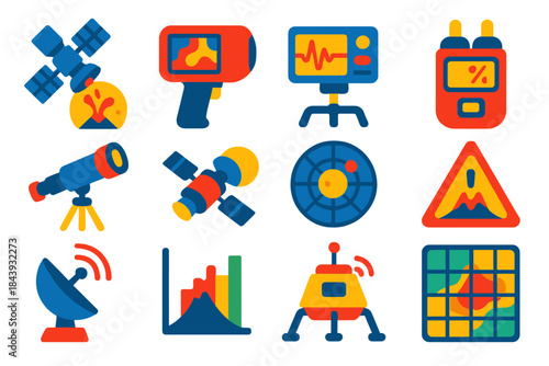 Volcanic Monitoring Icons. Flat vector icons of volcanic monitoring: satellite over Io, thermal imaging camera, seismograph, gas
