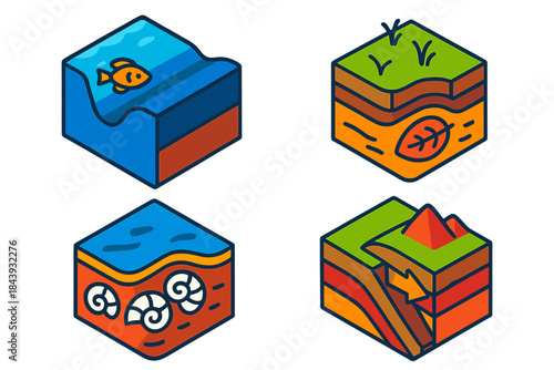 Geological Carbon Storage. Isometric vector illustration set Geological Carbon Storage: Deep marine trench, buried organic layer,