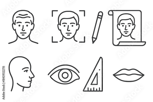 Line Style Face Mapping. Line style icons of Face Mapping Tools: Forehead Wrinkle Reading, Face Mapping, Character Assessment,