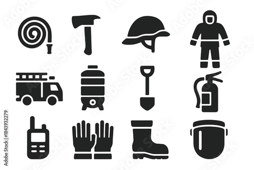 Firefighting Equipment Icons. Solid style icons of Firefighting equipment: fire hose, axe, helmet, flame retardant suit, fire