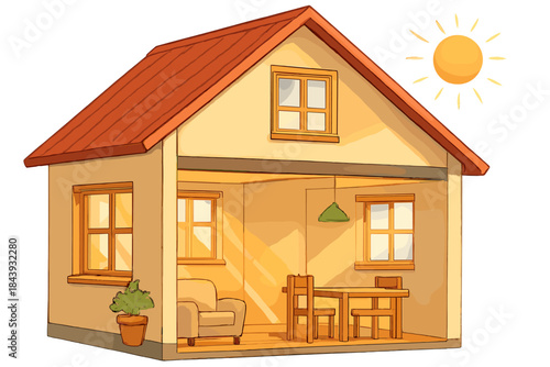 Cozy Passive House Design. Passive house design with thick cozy walls, cheerful windows, and sunbeams warming the rooms inside No