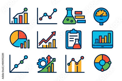 Biohydrometallurgy Data Icons. Flat vector icons of data analysis in biohydrometallurgy: graph chart, line plot, concentration