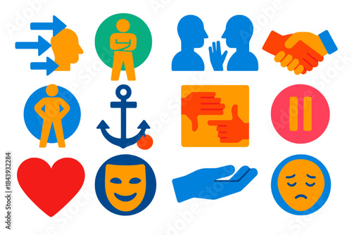 Psychological Tactics Icons. Flat vector icons of psychological tactics: persuasion arrows, body language posture, mirroring