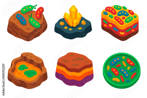 Geomicrobiology Icons Set. Isometric vector illustration set Geomicrobiology: microbes on rock surfaces, mineral precipitation,