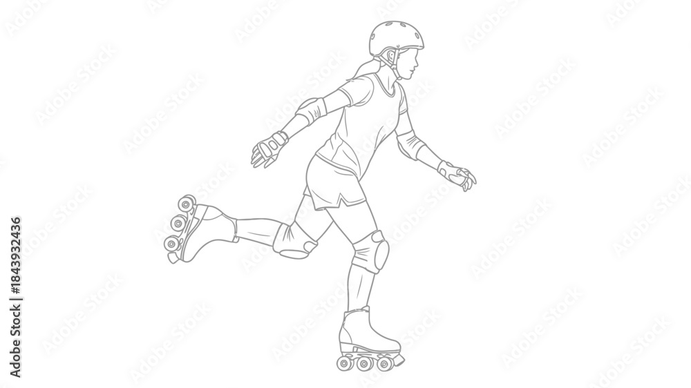 Fototapeta premium A simple line drawing depicts a child actively roller skating with protective gear on