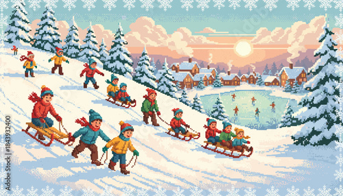 Retro pixel art illustration of cheerful children sledding down a snowy hill in a quaint winter village with a frozen pond and warm sunset light