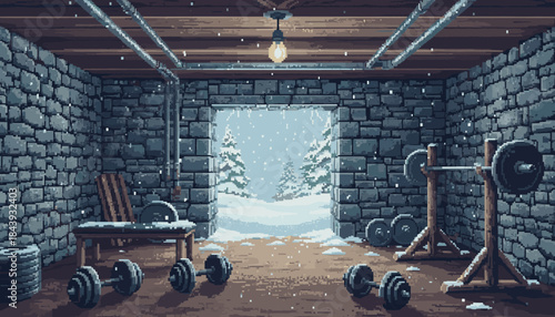 Rustic pixel art home gym inside a cold stone basement with a barbell, dumbbells, and a bench, with an open door revealing a snowy winter landscape