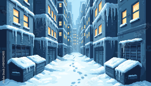 Pixel art city street covered in deep snow and icicles during a cold winter evening with glowing windows and footprints leading down the empty alley in a retro video game style