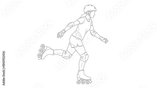 A simple line drawing depicts a child actively roller skating with protective gear on