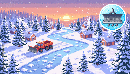 Pixel art winter landscape with a snowplow clearing a frozen river in a snowy village during a beautiful sunrise, featuring a retro 8-bit video game aesthetic and cozy cabins