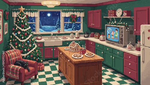 Cozy pixel art kitchen decorated for Christmas with a festive tree, a sleeping black cat, a gingerbread house, and a snowy winter view from the window at night