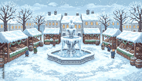 Charming pixel art winter market scene featuring a frozen fountain, snow-covered stalls, and cozy old buildings with glowing windows during a gentle snowfall