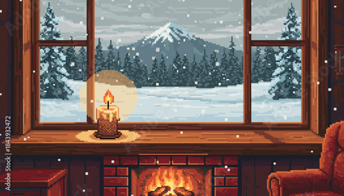 Pixel art illustration of a cozy fireplace with a lit candle on the mantel looking out a window at a snowy mountain landscape during a peaceful snowfall
