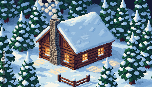 Charming pixel art log cabin with a stone chimney and glowing windows sits in a snowy evergreen forest during a peaceful winter night in a retro video game style