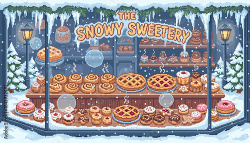Cozy pixel art bakery shop window displays delicious pies, donuts, and cinnamon rolls during a charming, snowy winter evening with warm glowing street lamps