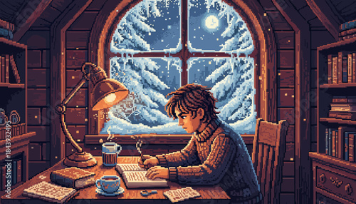 Young person in a cozy sweater studies at a wooden desk by a window with a snowy night view in a warm, lamp-lit library, creating a peaceful and studious pixel art scene