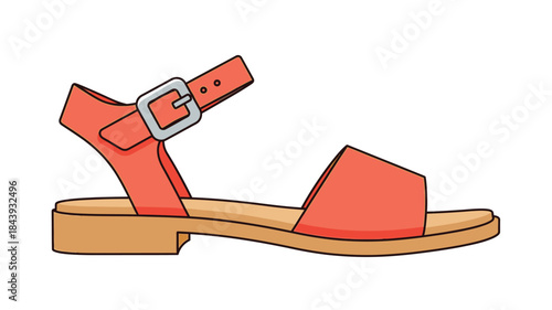A simple cartoon illustration of a red sandal with a buckle and a tan sole