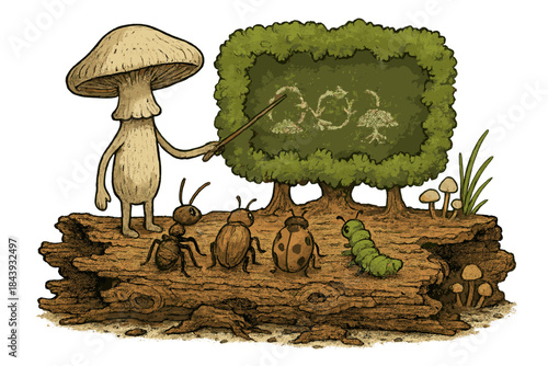Fungi Teaching Insects. Rotting log classroom where fungi teach insects about decomposition, with chalkboard-shaped moss No text,