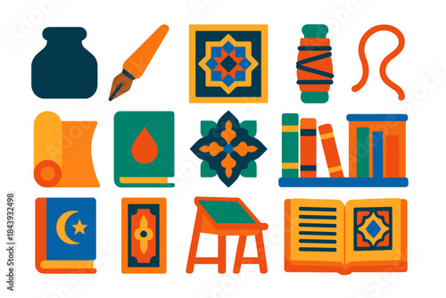 Islamic Papermaking Icons. Flat vector icons of Islamic papermaking heritage: ink pot, reed pen, geometric manuscript, binding