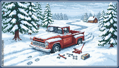 Red vintage pickup truck is broken down on a snowy road, with tools for a tire change laid out in a charming pixel art winter landscape with a forest and cabin
