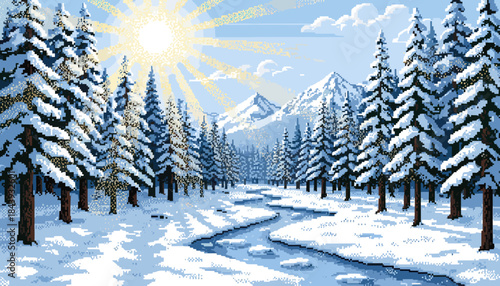Pixel art winter landscape with snow-covered pine trees, a winding icy stream, and majestic mountain peaks under a bright, radiant sun in a retro 8-bit style