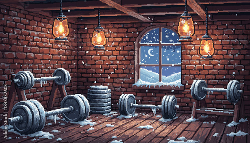Icy barbells and weight plates covered in snow inside a rustic brick gym illuminated by warm lanterns on a cold winter night, depicted in a retro pixel art aesthetic