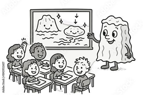 Joyful Cryosphere Classroom. Whimsical doodle cryosphere classroom with happy students, cartoon ice sheets, smiling subglacial