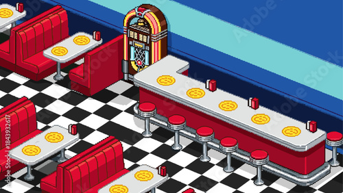 Retro pixel art diner interior with red booths, a long counter, a jukebox, and a black and white checkered floor, depicted in an isometric video game style