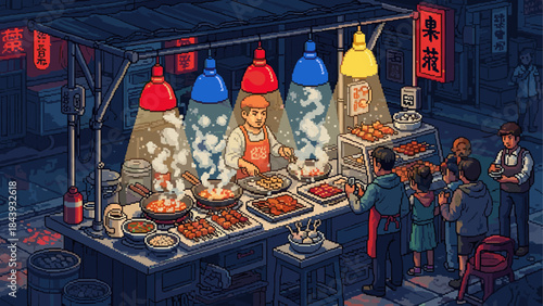 Pixel art illustration of a bustling street food stall at night, where a vendor cooks steaming meals in woks for a crowd of hungry customers under colorful lights