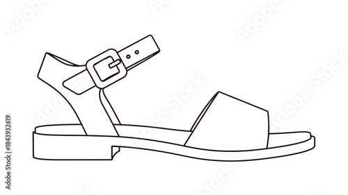 Simple line drawing of a single sandal with a buckle and a block heel